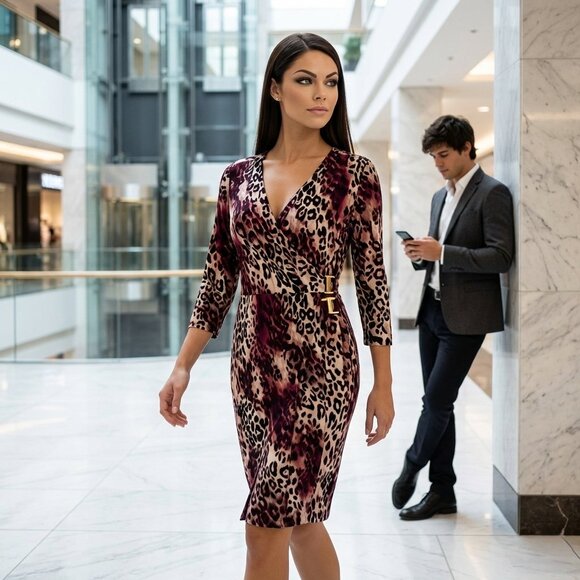 Calvin Klein Dresses & Skirts - Calvin Klein Womens 6 Leopard Wrap Dress Purple Black Cocktail Party Y2K Luxury